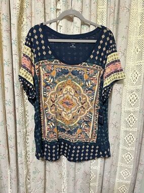 2/$28 Lucky Brand Boho Patchwork Medallion Top 3X NWT